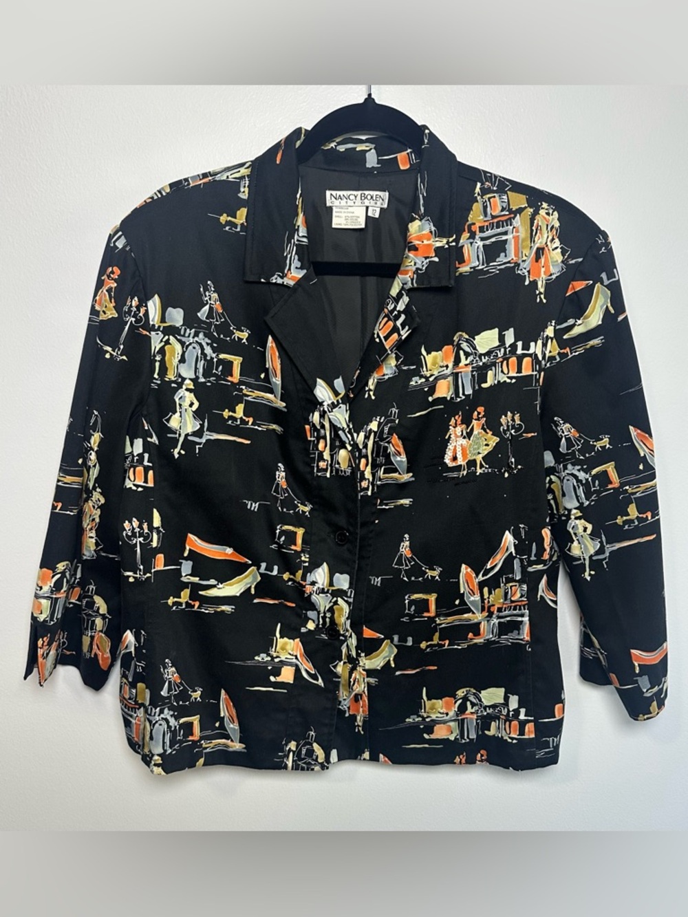 Vintage Nancy Bolen Black City Girls Printed Blazer Size 12
